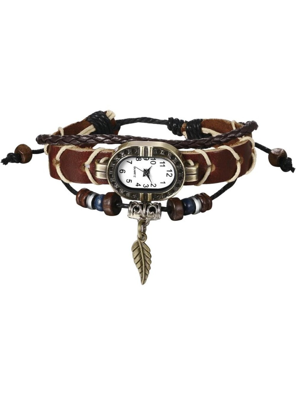 Women's Brown Analog Leaf Oval Case Bracelet Weave Wrap Around Leather Watch